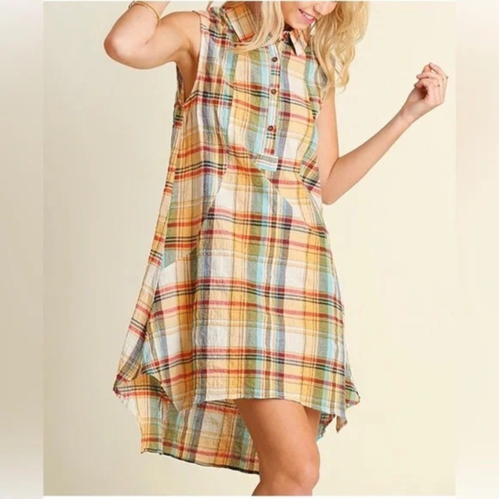 Umgee Honey Plaid Hi Low Sleeveless Cotton Blend Shirt Dress Sz M